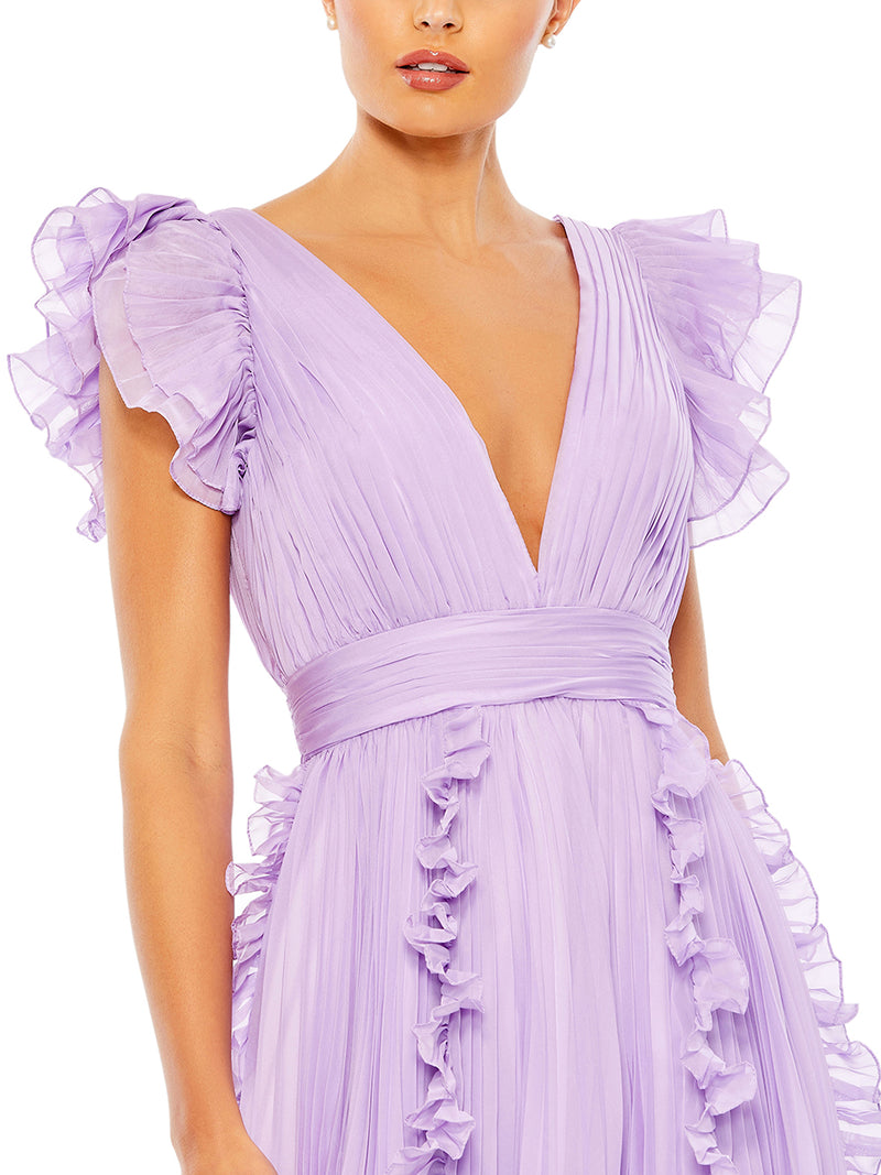 Pleated Ruffle Cap Sleeve Flowy A Line Gown