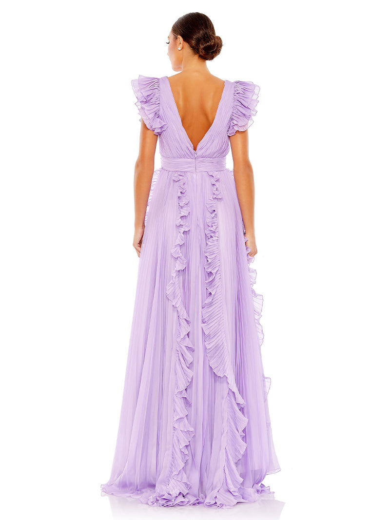Pleated Ruffle Cap Sleeve Flowy A Line Gown