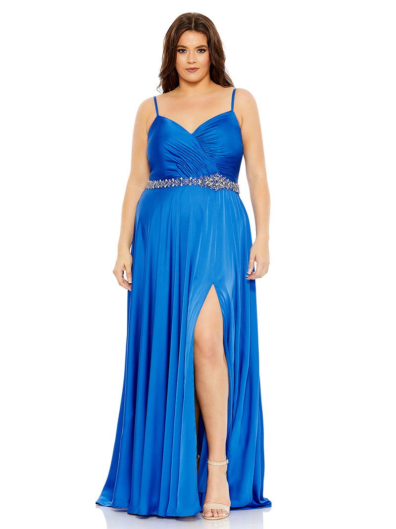 Beaded Belt Faux Wrap A Line Gown (plus)