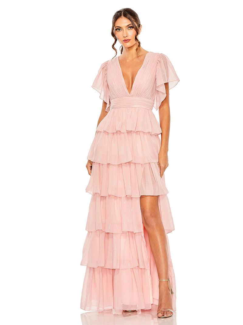 Flutter Sleeve Ruffle Tiered Gown