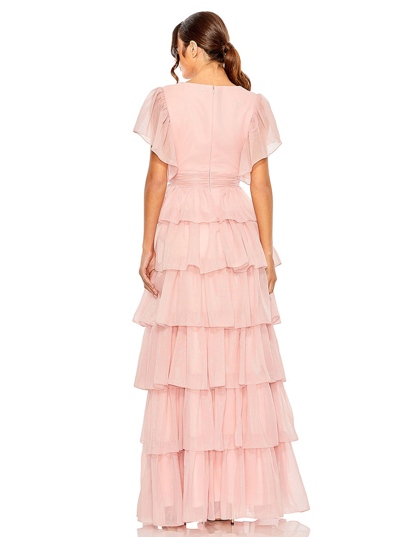Flutter Sleeve Ruffle Tiered Gown