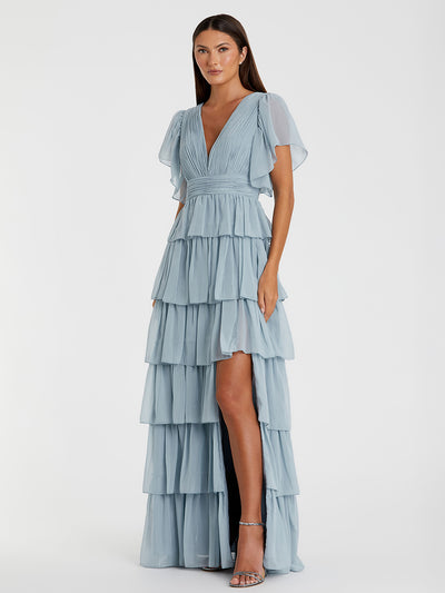 Flutter Sleeve Ruffle Tiered Gown