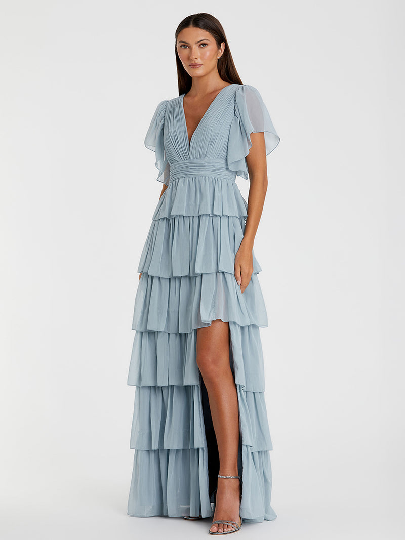 Flutter Sleeve Ruffle Tiered Gown