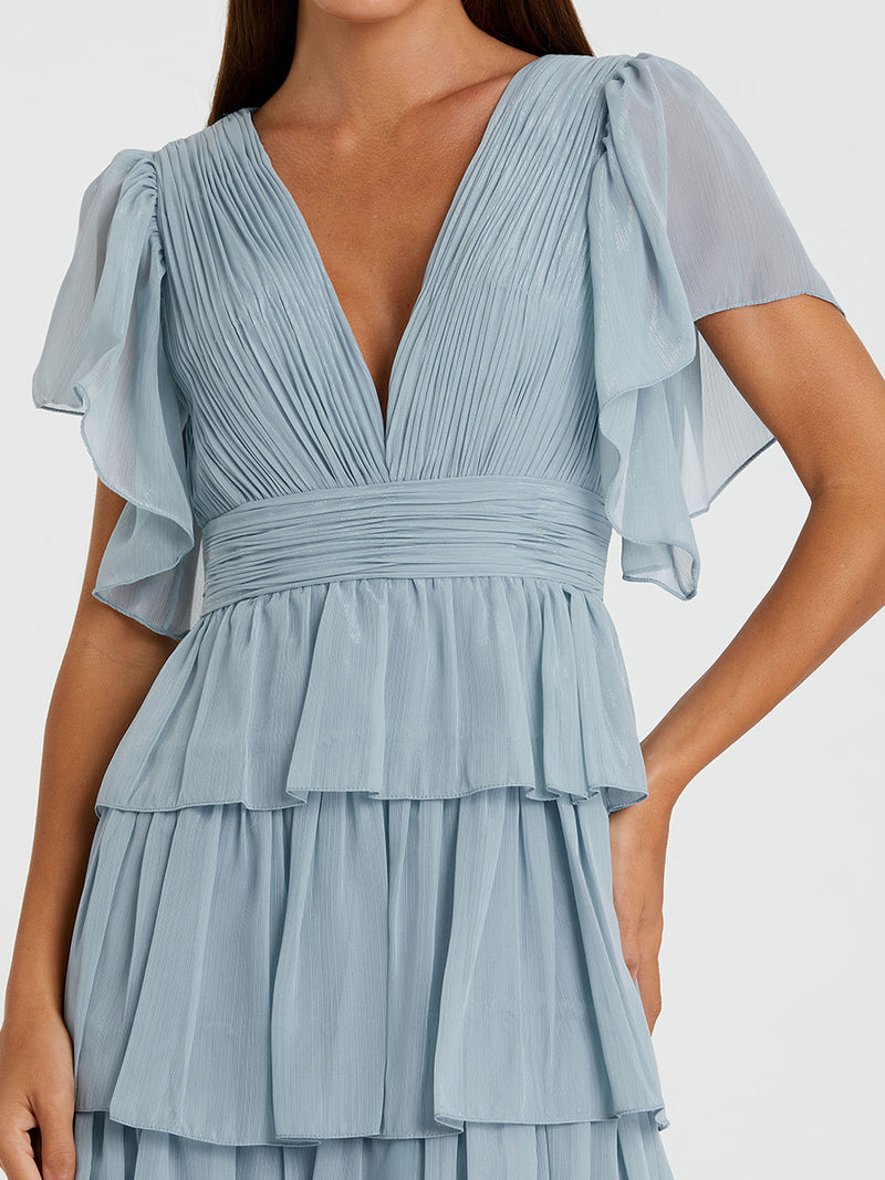 Flutter Sleeve Ruffle Tiered Gown