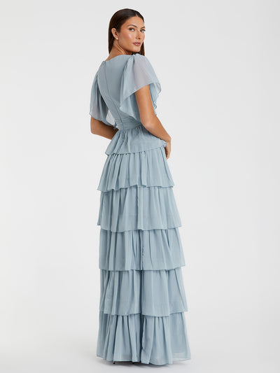 Flutter Sleeve Ruffle Tiered Gown