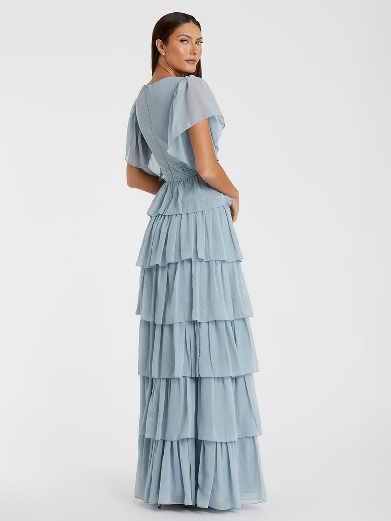 Flutter Sleeve Ruffle Tiered Gown