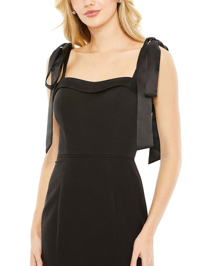 Black Square Neck Tie Strap Slit Gown