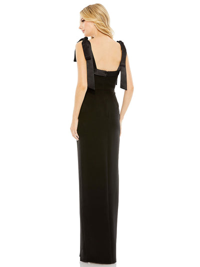 Black Square Neck Tie Strap Slit Gown