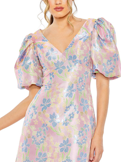 Floral Puff Shoulder Brocade Mini Dress