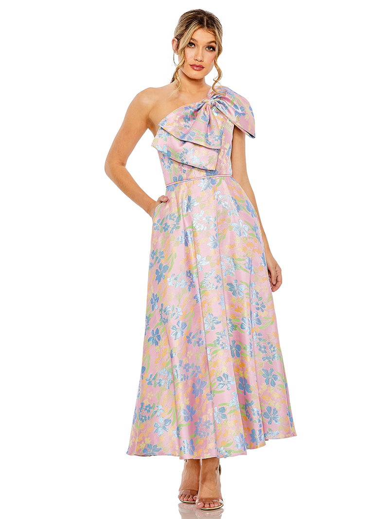 One Shoulder Embroidered Floral A-line Dress