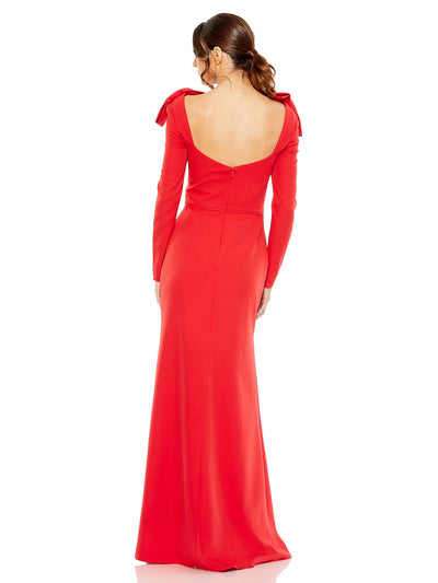 Red Empire Waist Long Sleeve Bow Shoulder Gown