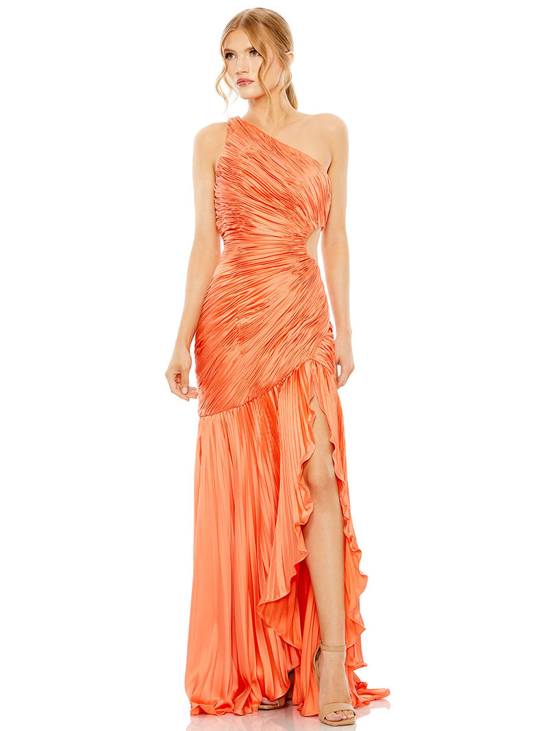Orange Side Cut-Out One-Shoulder Pleated Gown
