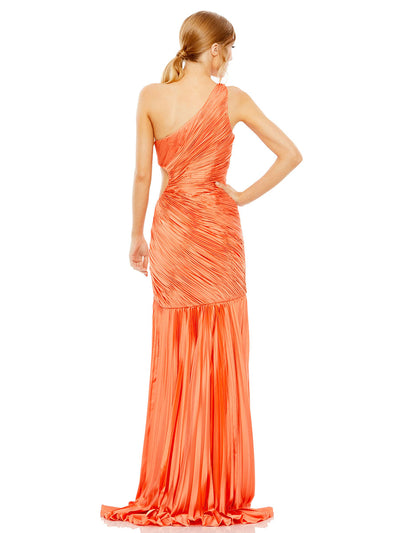 Orange Side Cut-Out One-Shoulder Pleated Gown