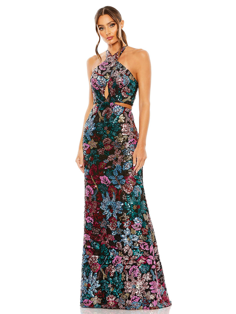 Black Sequin Embellished Cross Neck Gown