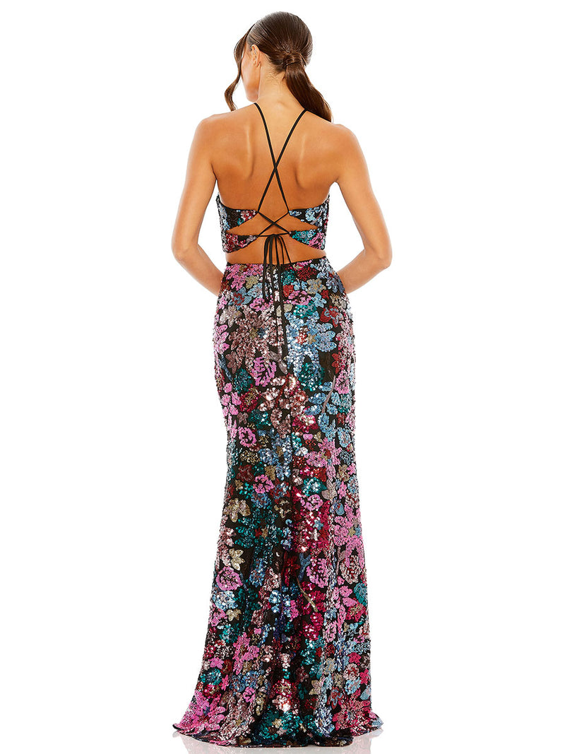 Black Sequin Embellished Cross Neck Gown