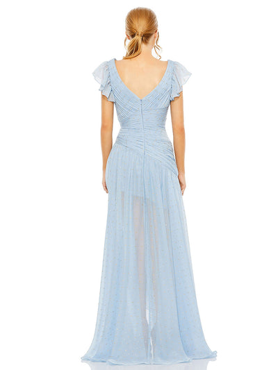 Blue Asymmetrical Ruched Gown With Flutter Sleeves