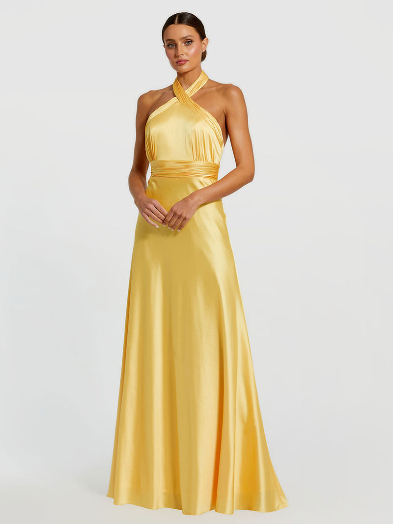 Ruched Halter Neck Tie Back Satin Gown