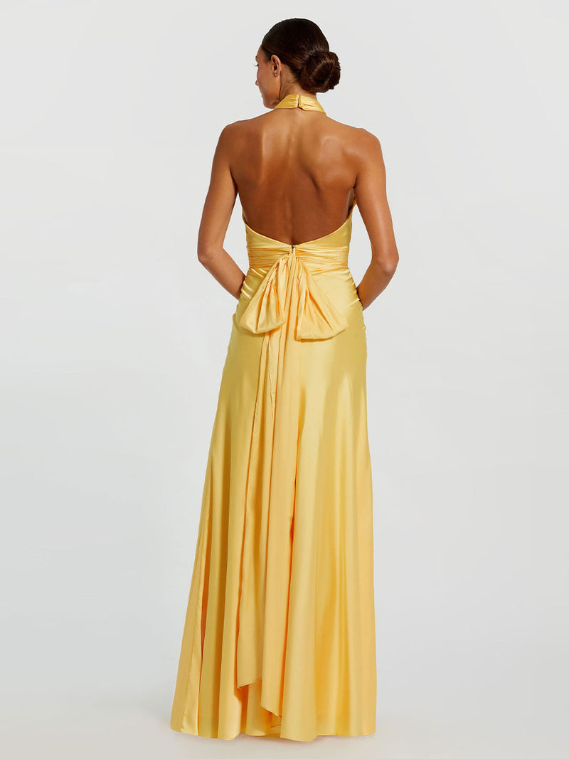 Ruched Halter Neck Tie Back Satin Gown
