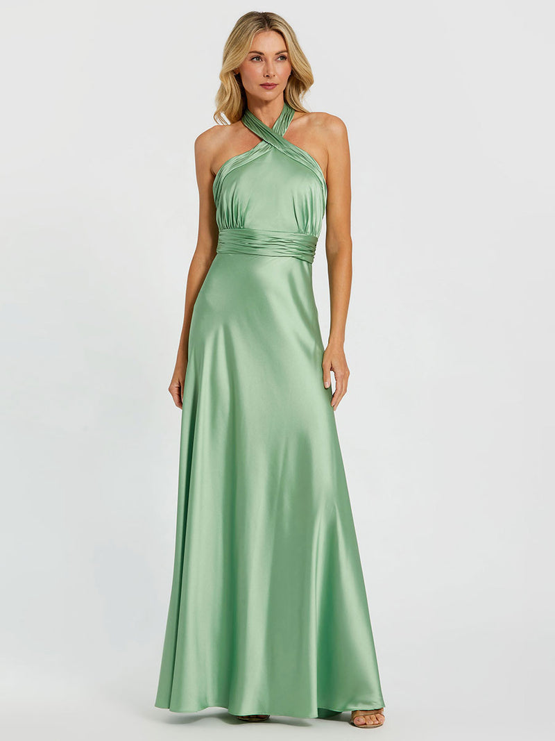 Ruched Halter Neck Tie Back Satin Gown