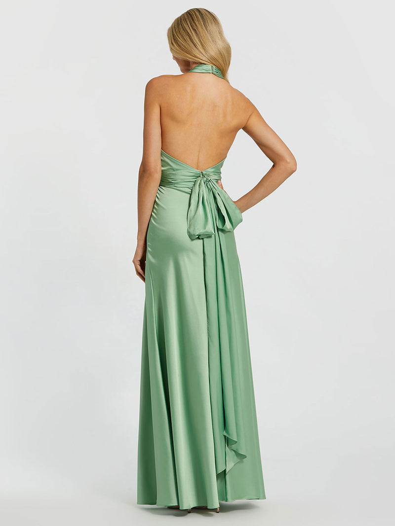 Ruched Halter Neck Tie Back Satin Gown