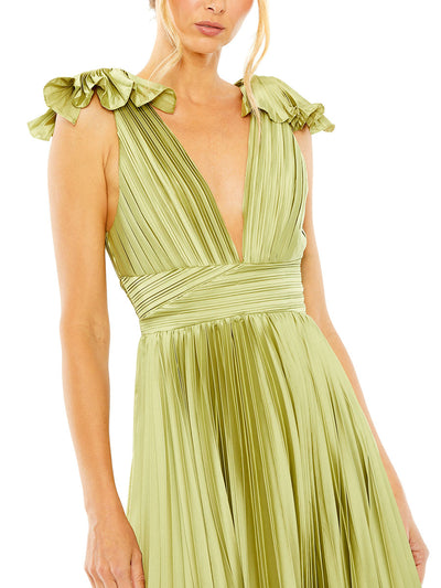 Ruffle Top Sleeveless V Neck Pleated Gown