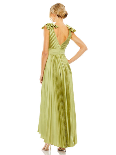 Ruffle Top Sleeveless V Neck Pleated Gown