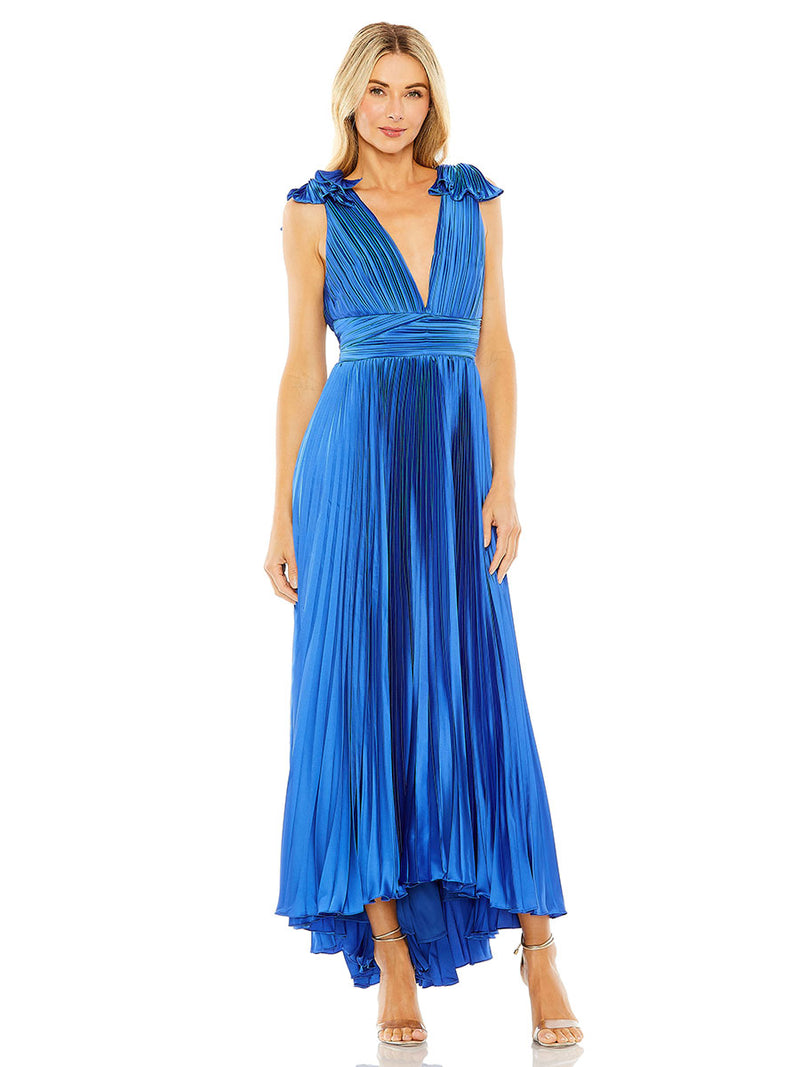 Ruffle Top Sleeveless V Neck Pleated Gown