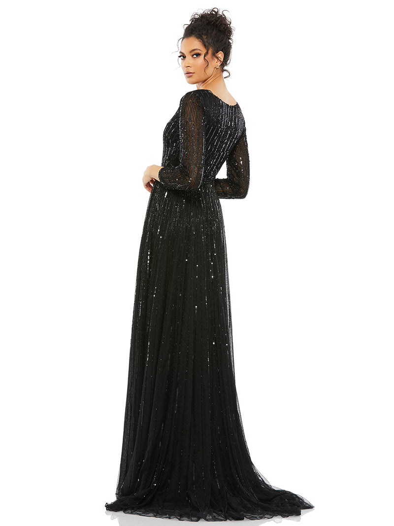 Sequined V Neck Illusion Sleeve A Line Gown