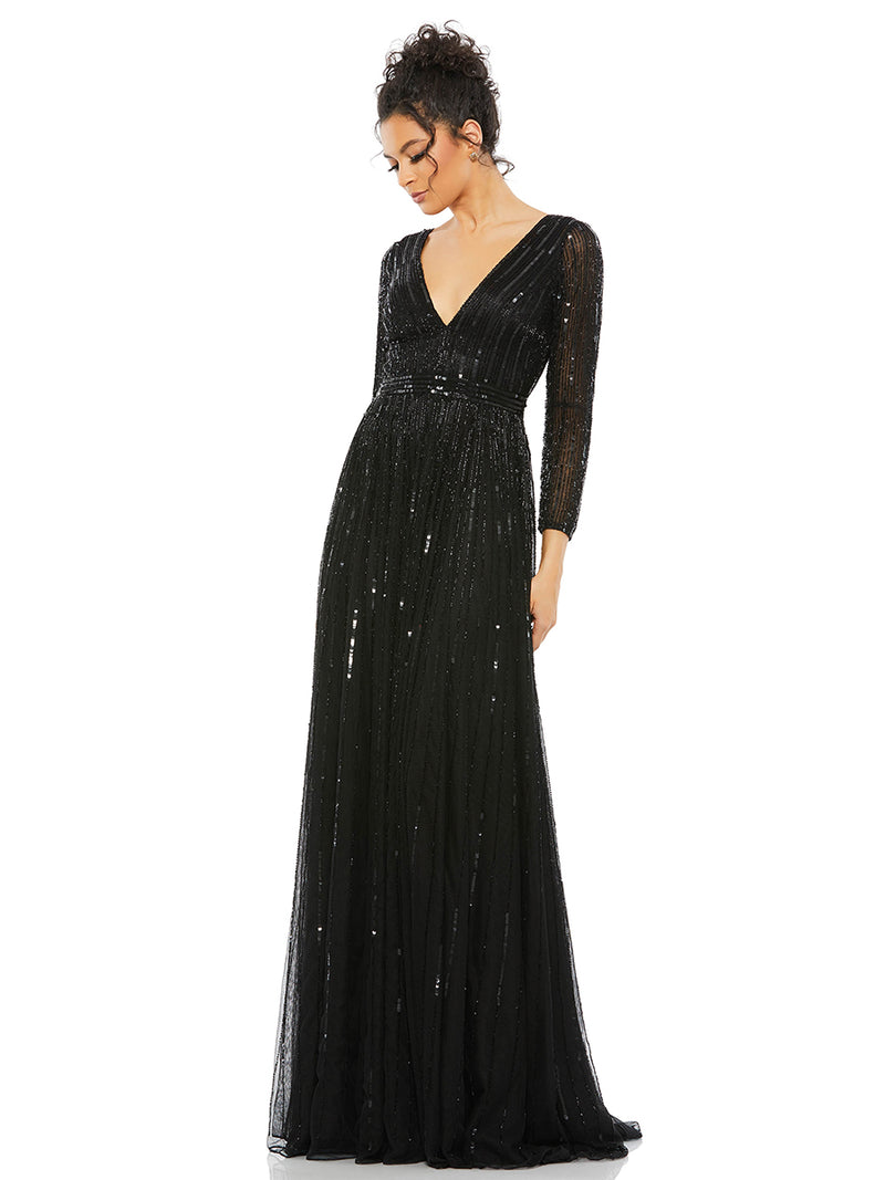 Sequined V Neck Illusion Sleeve A Line Gown