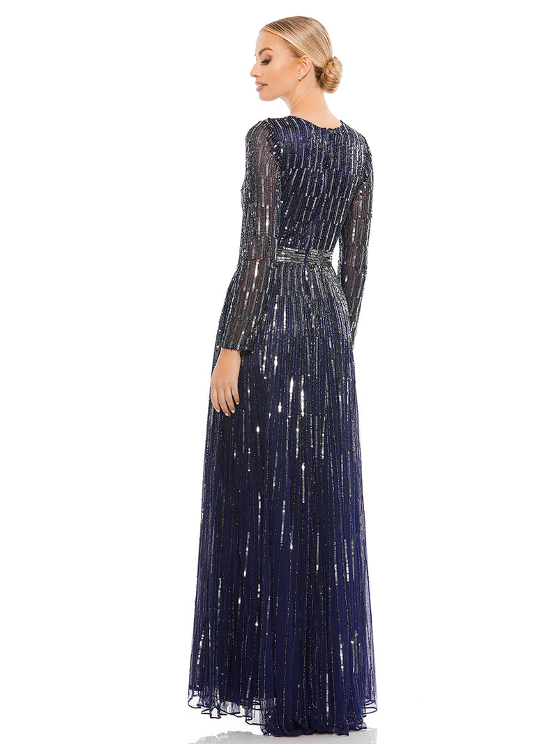 Sequined V Neck Illusion Sleeve A Line Gown