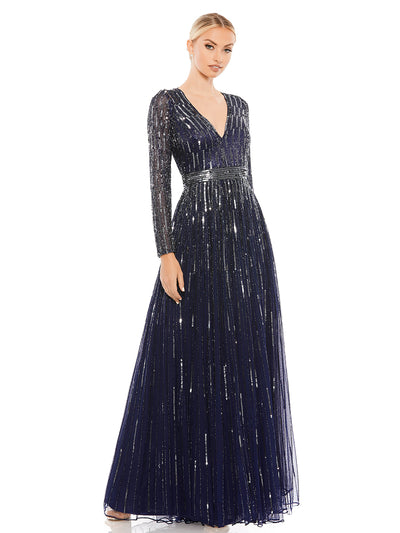 Sequined V Neck Illusion Sleeve A Line Gown