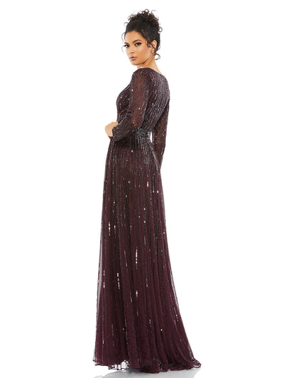 Sequined V Neck Illusion Sleeve A Line Gown