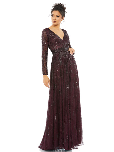 Sequined V Neck Illusion Sleeve A Line Gown