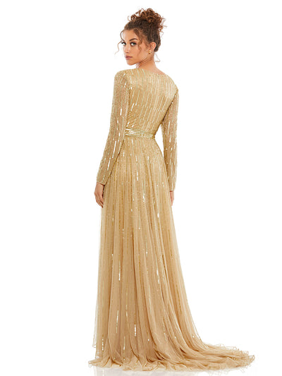 Sequined V Neck Illusion Sleeve A Line Gown