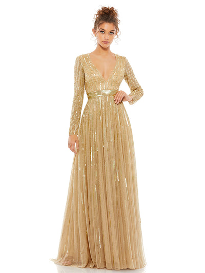 Sequined V Neck Illusion Sleeve A Line Gown