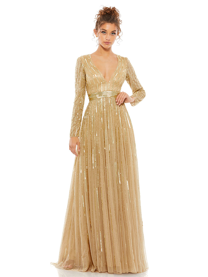 Sequined V Neck Illusion Sleeve A Line Gown