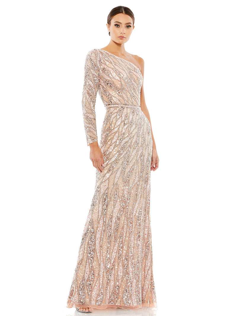 Embellished One Sleeve Gown W/ Sequin Belt