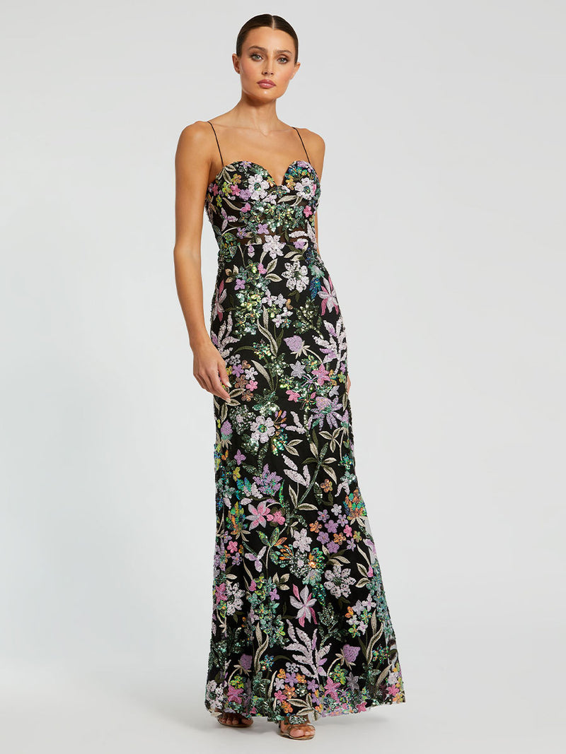 Black Multicolor Embroidered Bustier Trumpet Gown