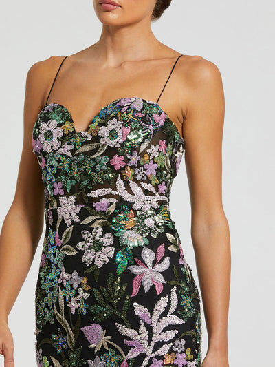 Black Multicolor Embroidered Bustier Trumpet Gown