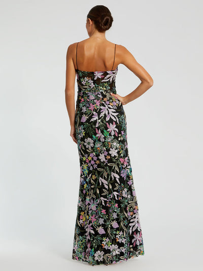 Black Multicolor Embroidered Bustier Trumpet Gown