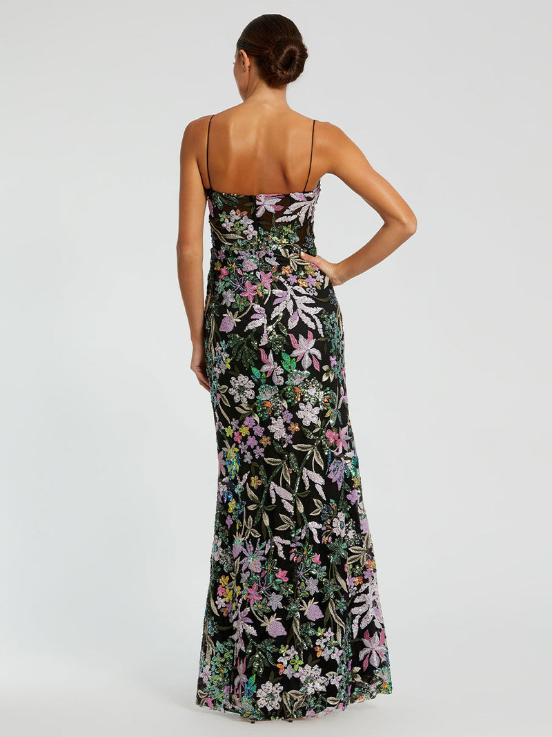 Black Multicolor Embroidered Bustier Trumpet Gown