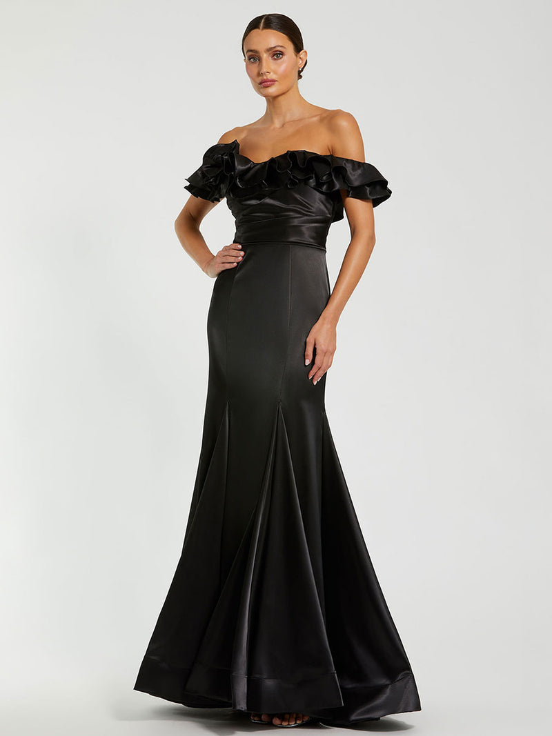 Satin Ruffle Off the Shoulder Mermaid Gown