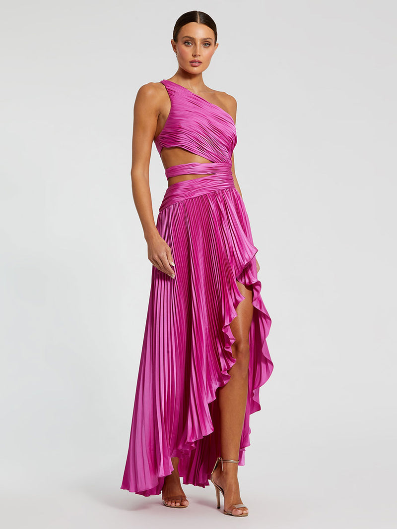 One Shoulder Pleated Charmeuse Gown with Slit