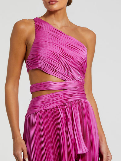 One Shoulder Pleated Charmeuse Gown with Slit