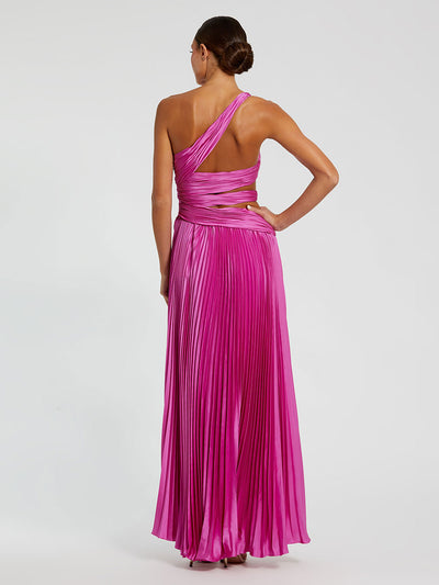 One Shoulder Pleated Charmeuse Gown with Slit