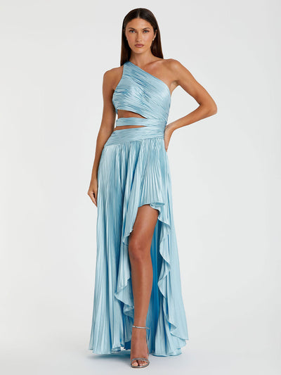 One Shoulder Pleated Charmeuse Gown with Slit