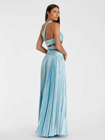 One Shoulder Pleated Charmeuse Gown with Slit