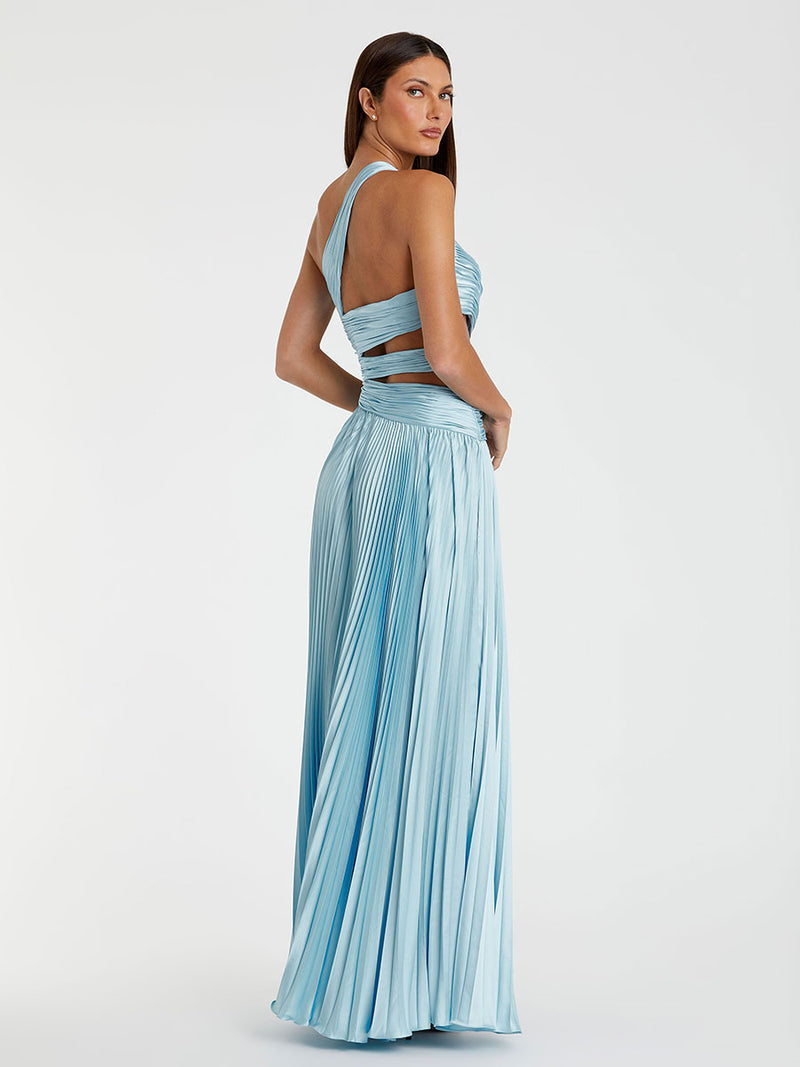One Shoulder Pleated Charmeuse Gown with Slit