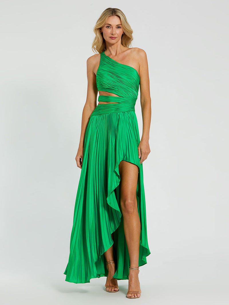 One Shoulder Pleated Charmeuse Gown with Slit