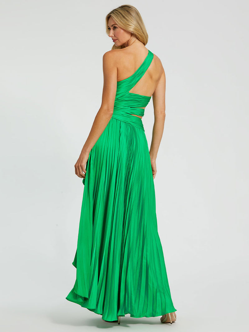 One Shoulder Pleated Charmeuse Gown with Slit